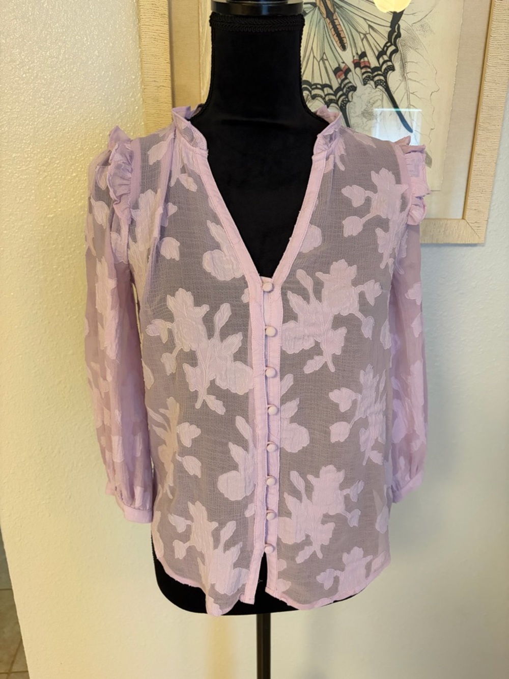 Maeve Anthropologie Lilac Floral Sheer Button Front Blouse Size 0